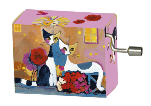 Muziekdoosje kunstenaars Rosina Wachtmeister 2 katten met bloem - happy birthday