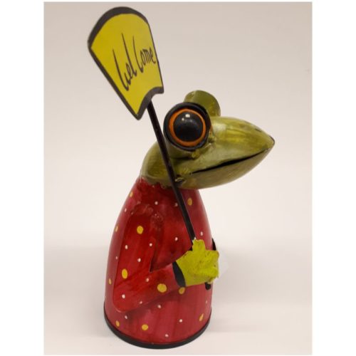 Fairtrade kikker met bord Welcome gemaakt van geryclede verfblikken