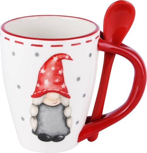 Kerstmok met Lepel – Witte Mok met Rode Details en Kerstkabouter